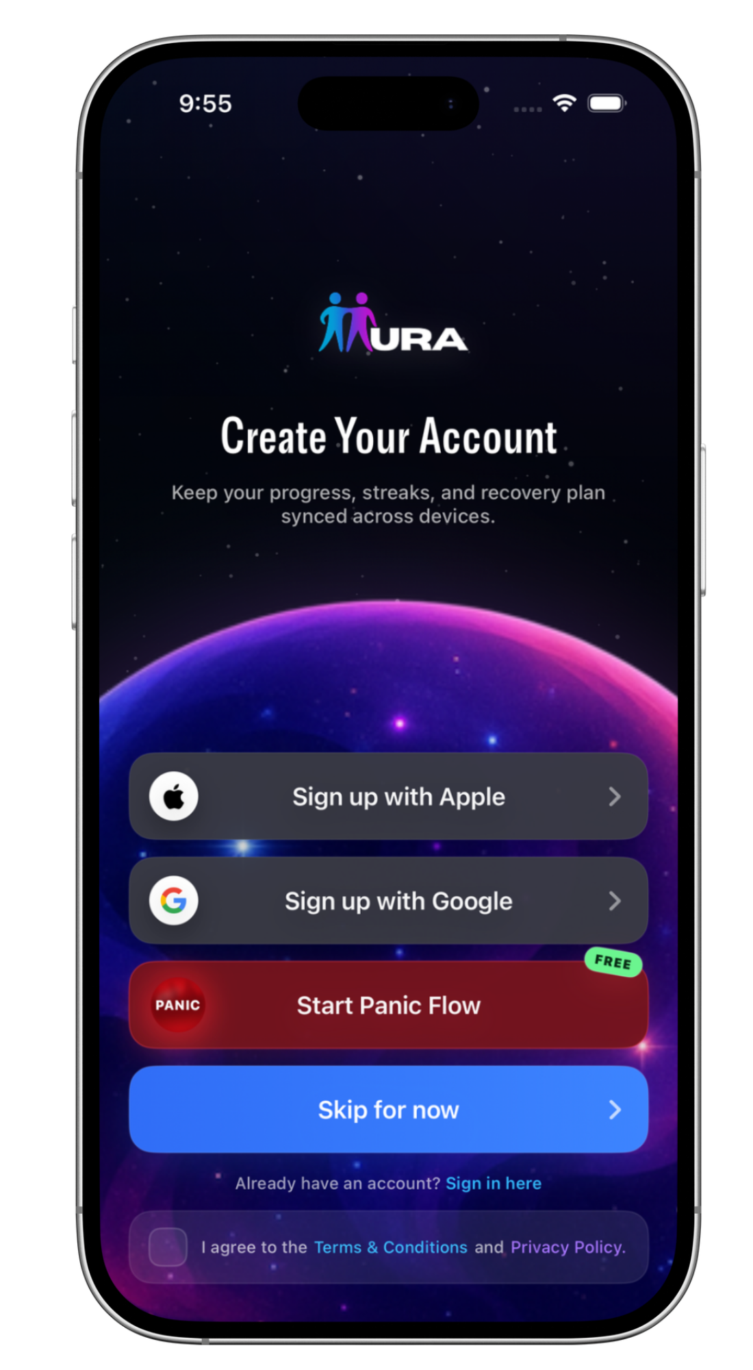 Ura account screen showing the free Start Panic Flow button