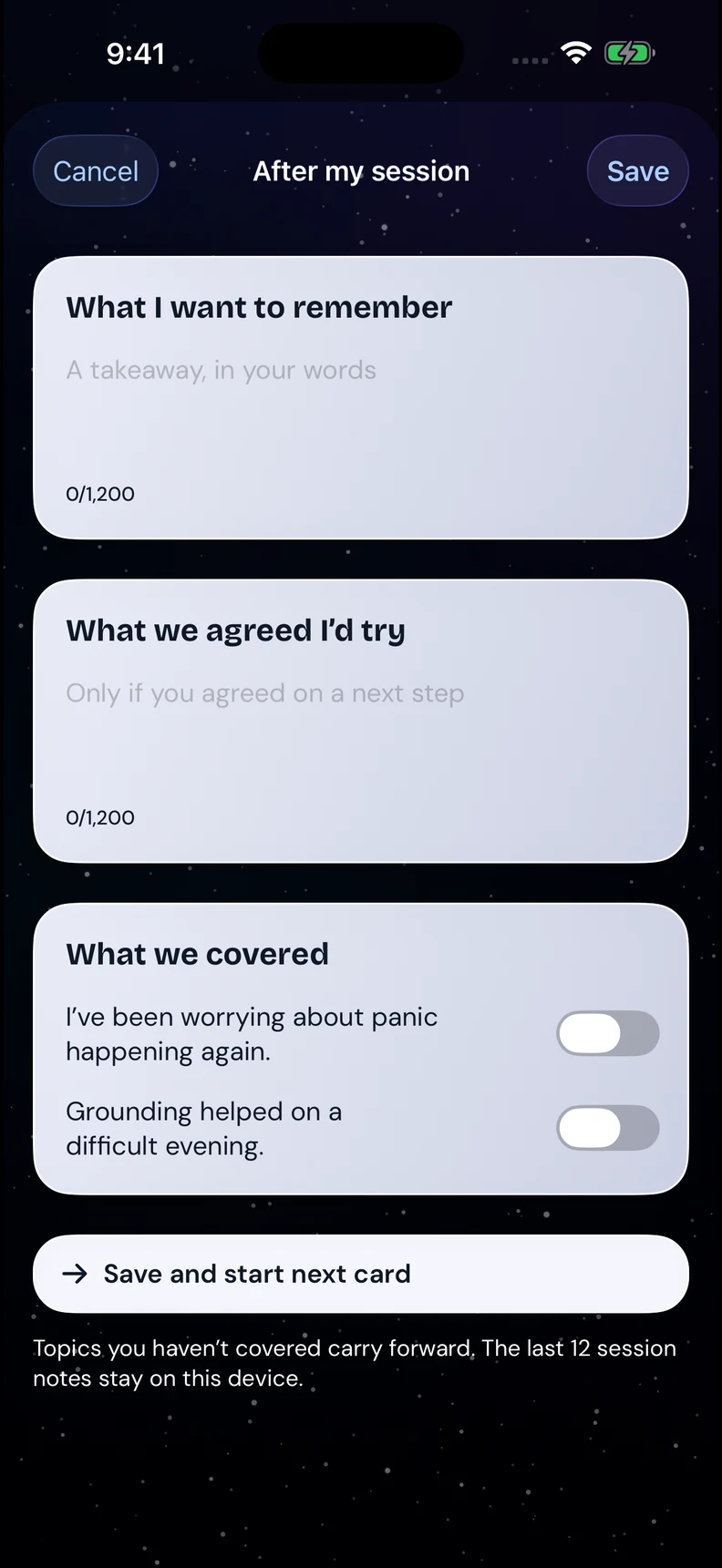 After my session: spaces for a takeaway, an agreed next step and topics covered, with a Save and start next card action