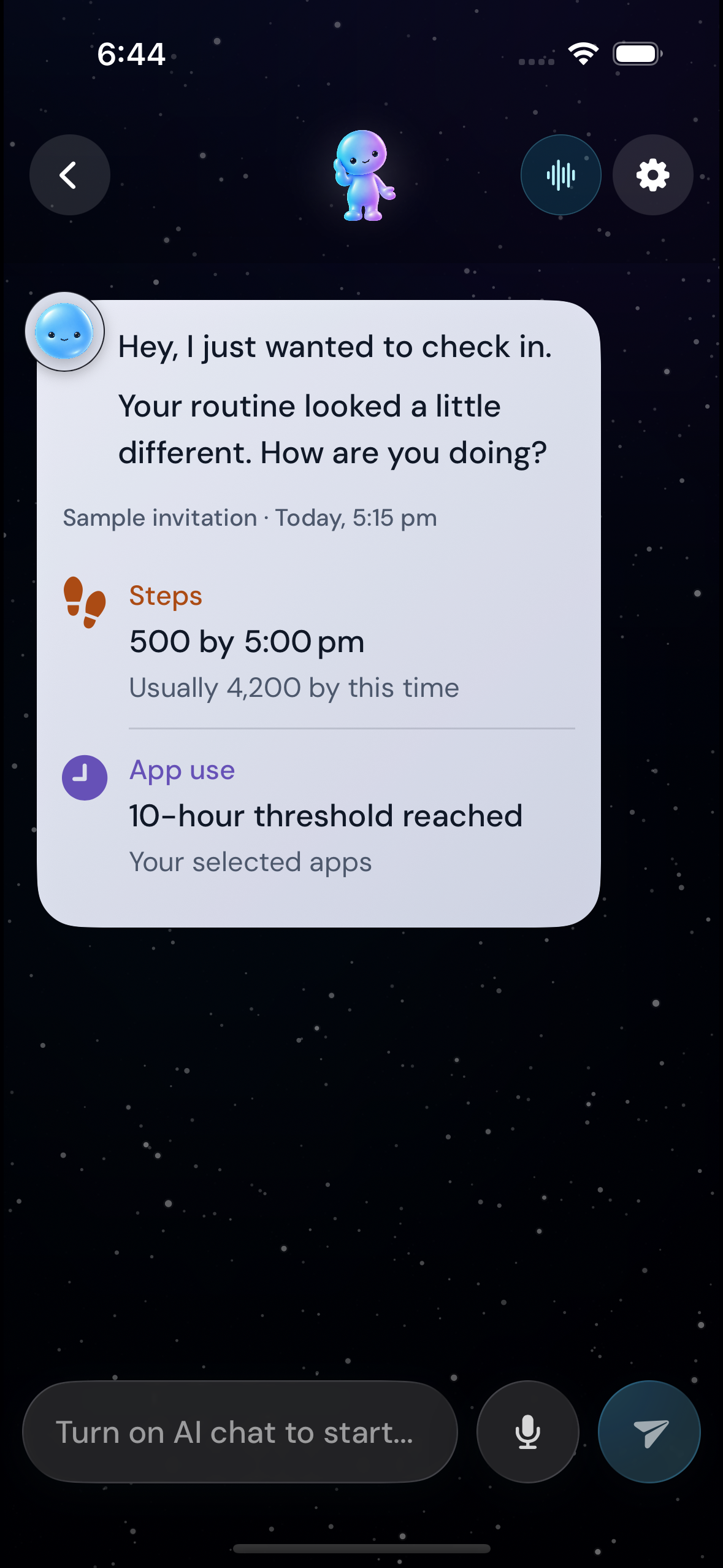 Ura AI gentle check-in with sample steps and app-use context