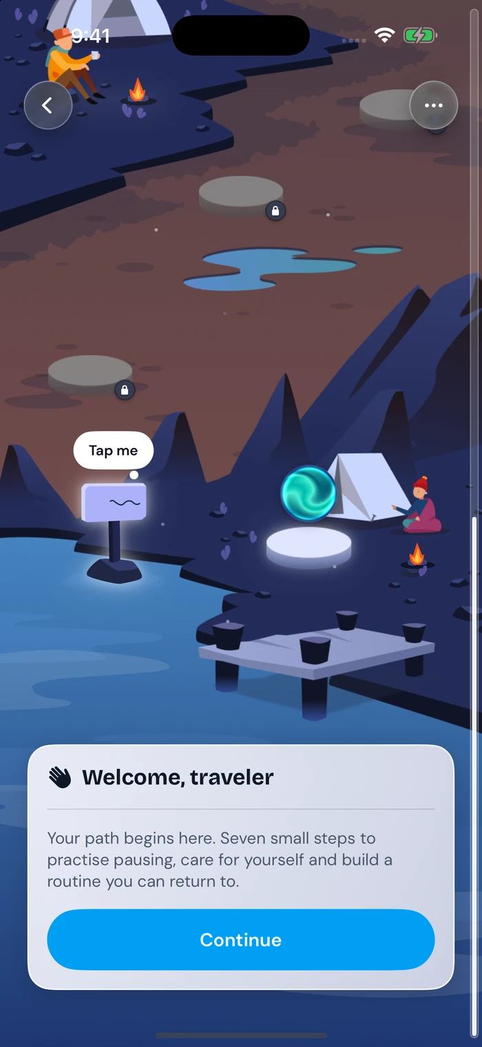 Inside a Ura Journey world: stepping stones, a campsite and the Welcome, traveler card